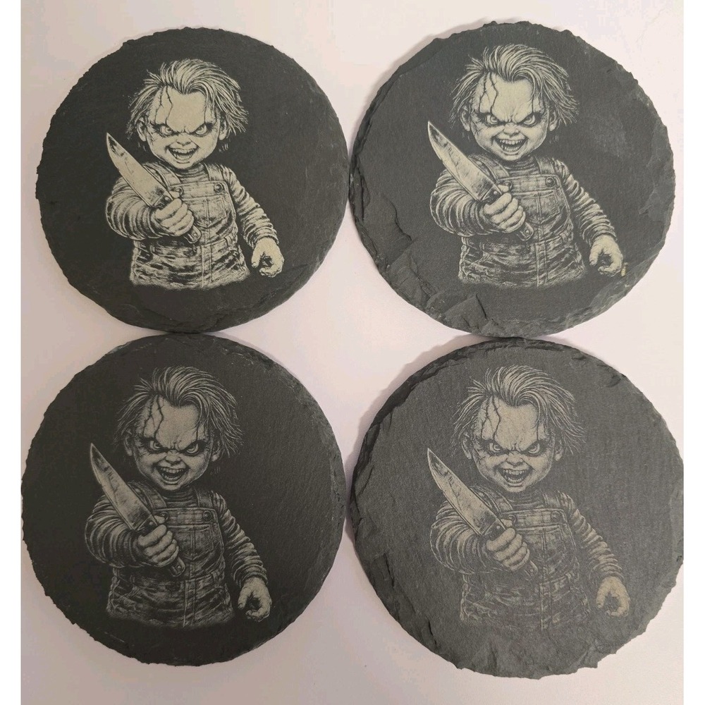Chucky Slate Coasters 4 Pack Black Round Horror Movie Halloween Decor Handmade